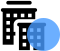A blue ball is in front of two buildings.